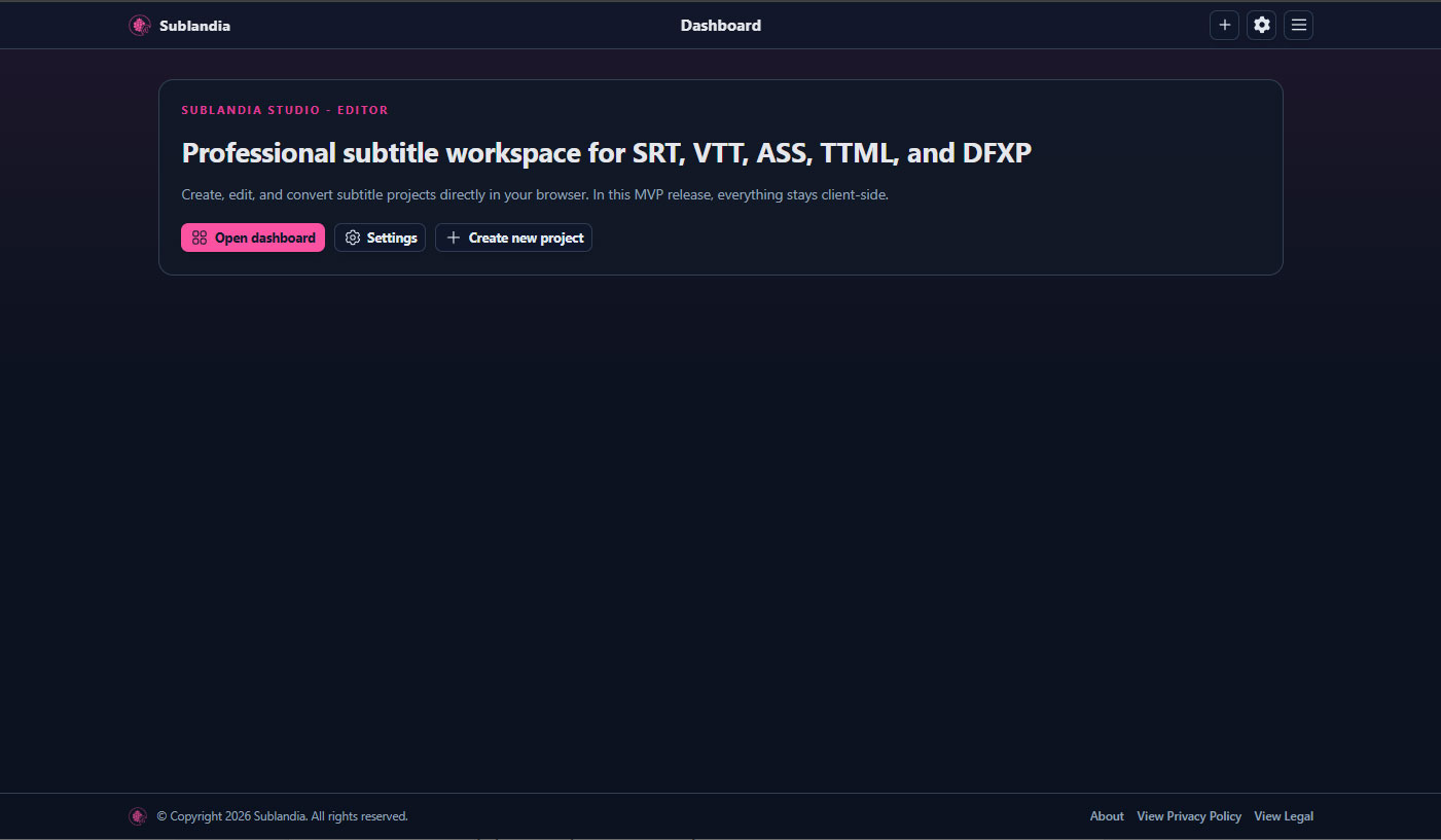 Sublandia Editor dashboard showing project creation interface and workflow settings