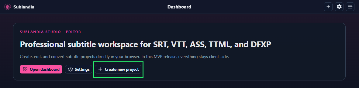 Create New Project button on Sublandia Editor dashboard interface