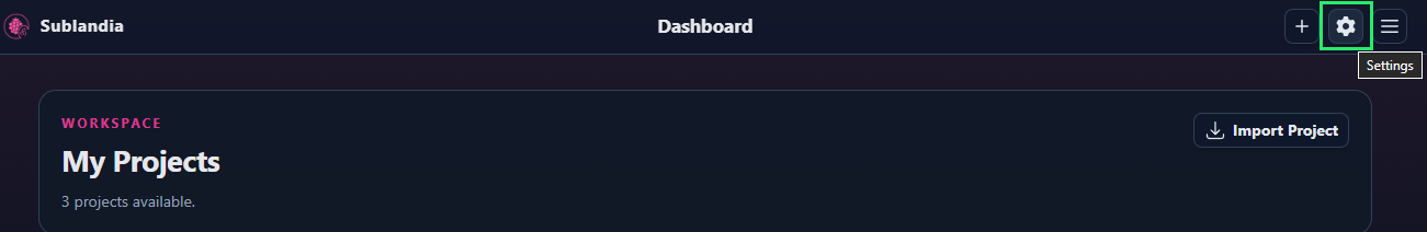 Opening dashboard settings to change interface language in Sublandia Editor