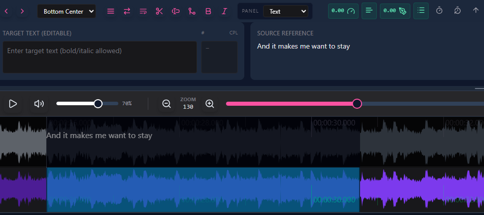 Empty Target subtitles in waveform view aligned with Source template timecodes in Sublandia Editor
