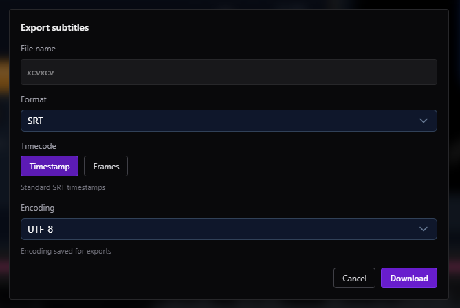 Subtitle export settings window with format and encoding options in Sublandia Editor