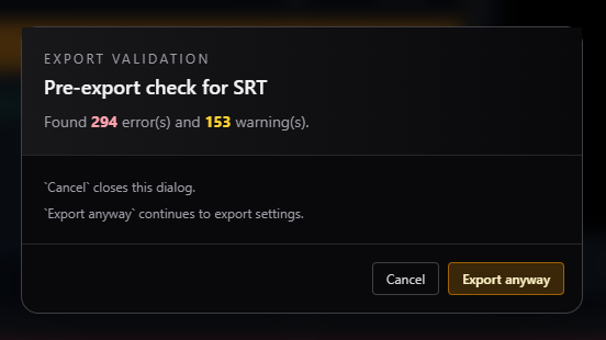 Export validation window showing subtitle errors and warnings in Sublandia Editor
