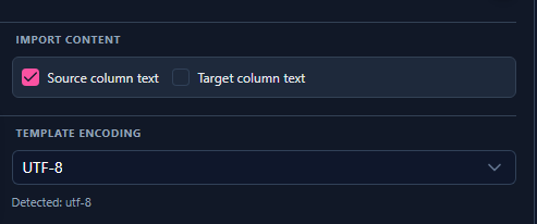 Import Content settings in Sublandia Editor with Source Column Text checked and Target Column Text unchecked