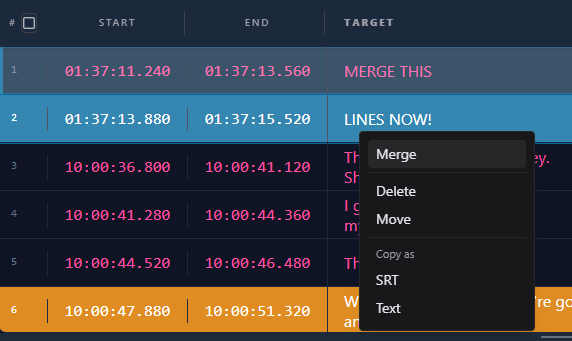 Sublandia Editor Dashboard – New Project Merging subtitle lines from subtitle table in Sublandia Editor