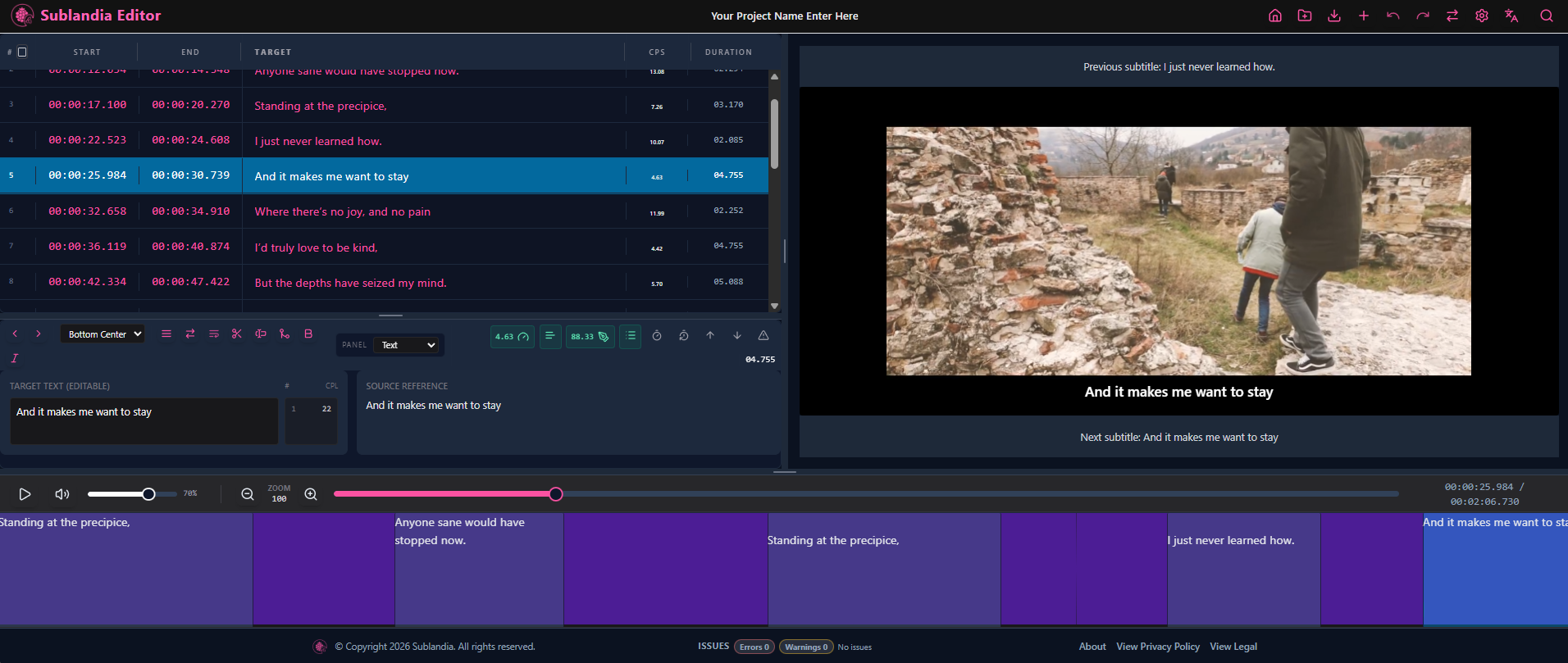 Sublandia Editor interface showing opened subtitle project with timeline and video preview