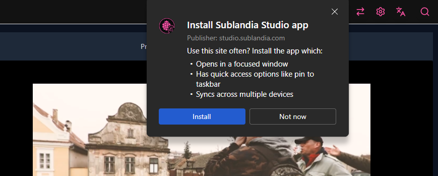 Installing Sublandia Editor as desktop progressive web app for offline subtitle editing