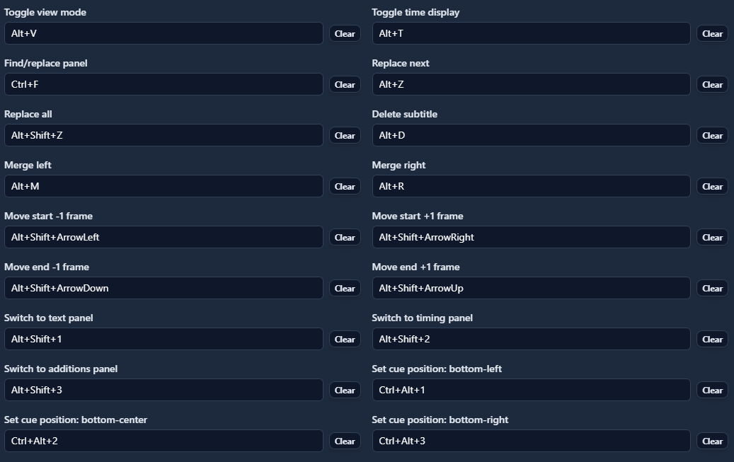 Keyboard shortcut configuration panel in Sublandia Editor