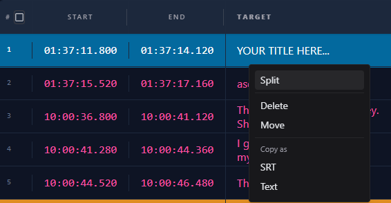 Sublandia Editor Dashboard – New Project Splitting subtitle line from subtitle table in Sublandia Editor