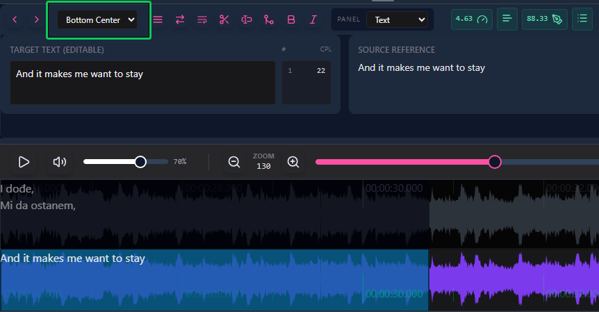 Default subtitle position in Sublandia Editor – Bottom Center
