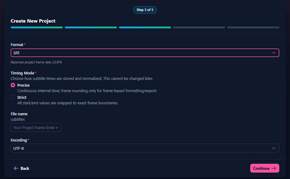 Subtitle format and timing mode selection in Sublandia Editor