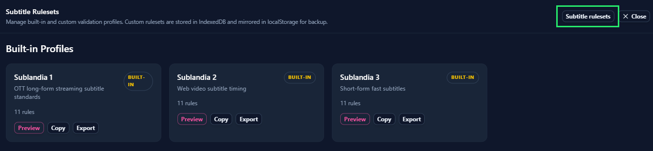 Subtitle rulesets menu in Sublandia Editor settings