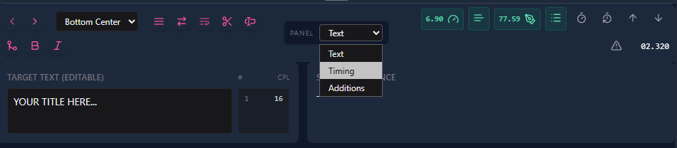 Timing panel opened for selected subtitle line in Sublandia Editor