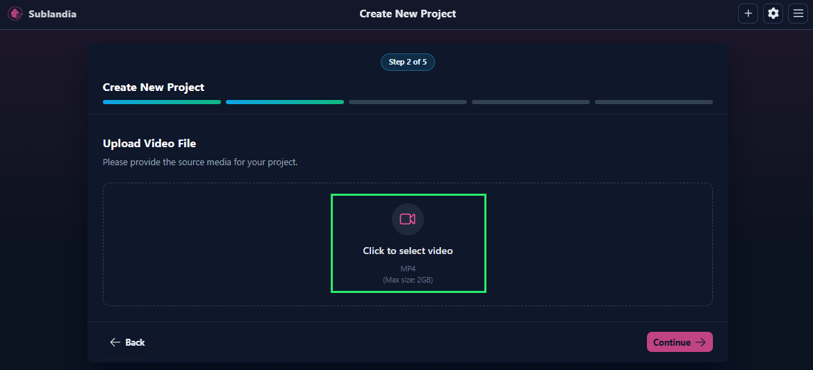Video upload screen in Sublandia Editor