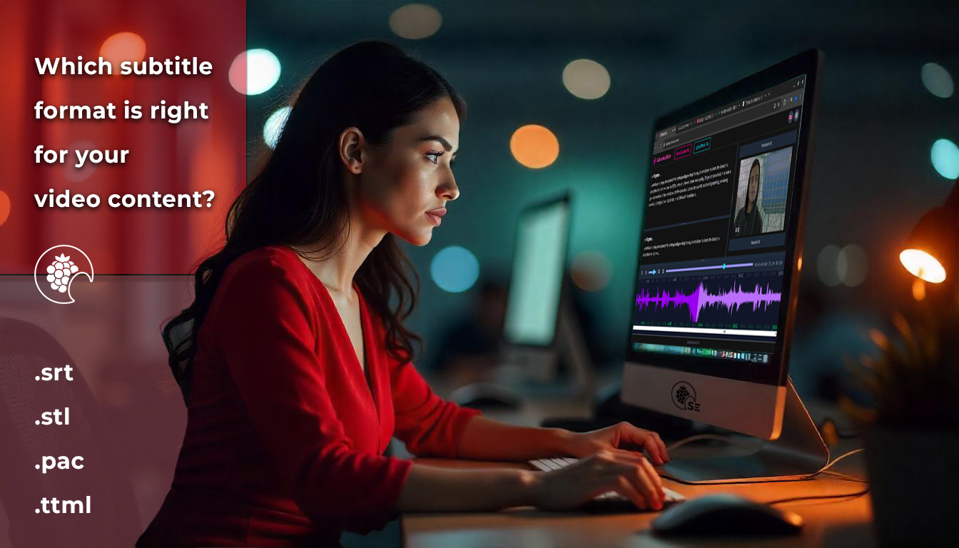 A woman wearing headphones is sitting in front of a monitor, using SubLandia software to create an ETT file, focused on subtitling