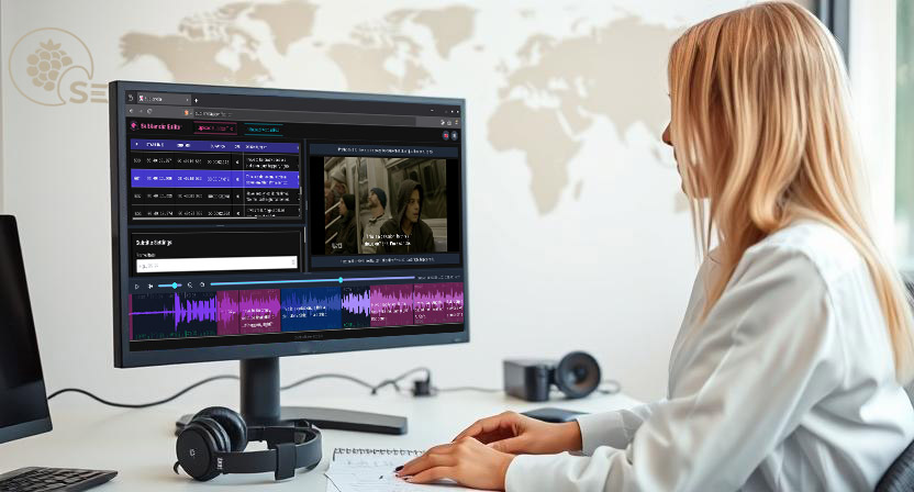 Professional subtitler working on a master subtitle file in Sublandia Editor, focused on global localization, with a world map behind her